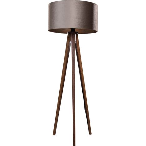 Tripod Floor Lamp Walnut Wood with Taupe Velvet Shade 50cm - Tripod Classic