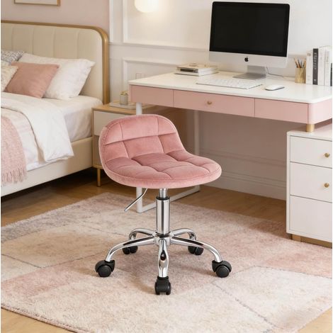 Silla de oficina giratoria, ajustable en altura, ergonómica, con ruedas, terciopelo rosa y metal (1/5)