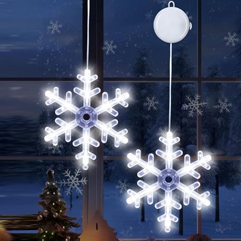 Luci decorative natalizie per finestre alimentate a batteria, luci natalizie da appendere, luci LED a ventosa a forma di fiocco di neve, 2 pezzi
