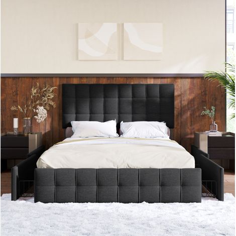 Cama tapizada 140x200 cm de lino negro con cajones, ahorra espacio, sin colchón – MEUBLIV (1/5)