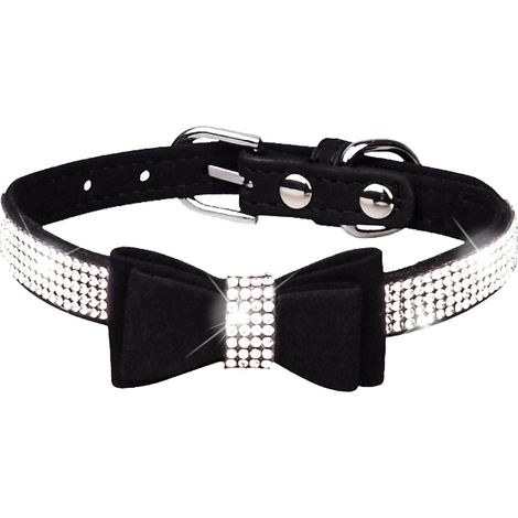 1 Collier, cuir velours, nœud papillon cristal, fermoir doré, anneau D, chien chat petite moyenne taille (1/5)