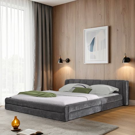 AS EASY Lit double 160 x 200 cm, tissu chenille, dossier confortable, structure en eucalyptus et fer robuste, facile à monter, gris foncé (sans matelas)