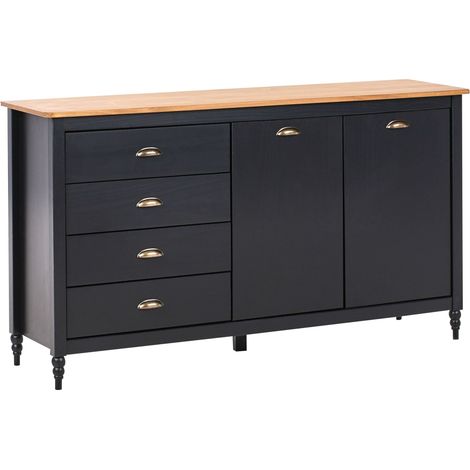 Beliani – Buffet scandinave en bois de pin noir avec 4 tiroirs et 2 portes – Dimensions 150x40x83 cm – Finition vernis transparent