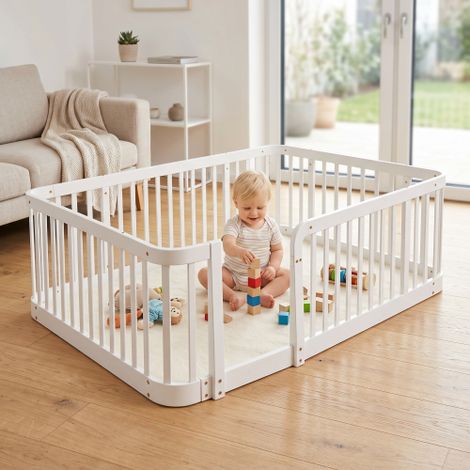 Parc bébé modulable 140 x 200 cm (blanc), espacement standard des barreaux de 7 cm, coins arrondis convient à une utilisation intérieure comme barrière de sécurité pour enfants. (1/4)