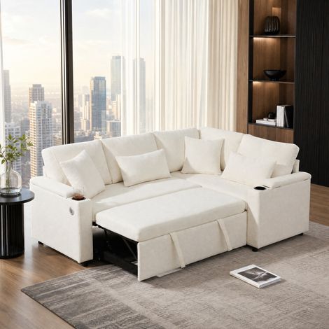 DESMIU Canapé d'angle convertible avec coffre de rangement, porte-gobelet et USB, en Chenille, Beige (1/5)