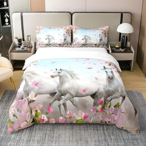 Cheval Housse de Couette 140x200cm 100% Coton Parure de Cheval au Galop Blanc Parure de lit Fleur de Cerisier Rose Floral Literie 3D décoration de Chambre à Coucher d'animaux Sauvages - 140 x 200 cm + (1/5)