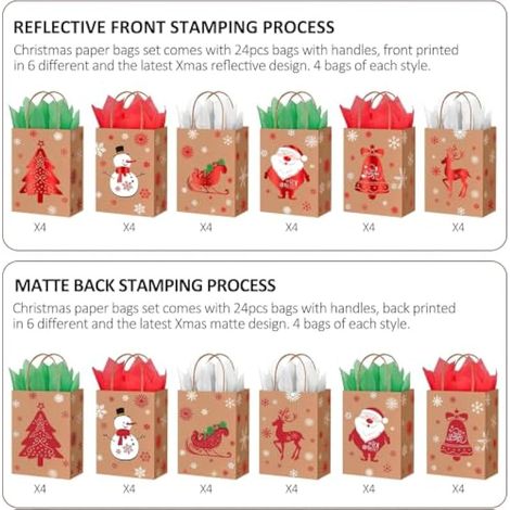 Lot de 24 sacs cadeaux de Noël 21 x 15 x 8 cm (Type 3)