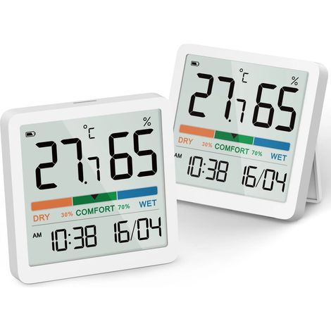 Hygromètre et thermomètre d'intérieur, thermomètre de bureau numérique avec mesure de la température et de l'humidité, thermomètre d'ambiance précis (lot de 2, W) (1/5)