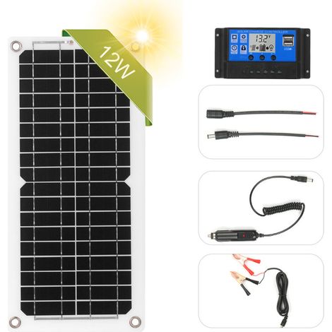 Sistema di pannelli solari fuori rete da 12 W e 12 V, kit di pannelli solari per la ricarica in campeggio, regolatore di carica solare da 100 A + cavo solare, per casa, capannone, camper (1/4)