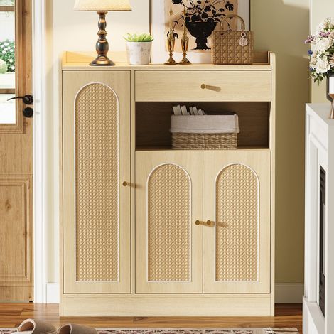 Meuble à chaussures / rangement en rotin – 1 tiroir, 3 portes avec étagères réglables – Couleur nature – 90 × 35 × 110 cm – Pour entrée, salle à manger ou couloir