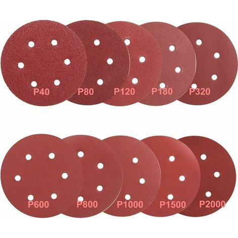 Disques abrasifs Velcro 100 PCS 150mm Disque de Ponçage, Disque Abrasif, Papier Sablé de 40/80/120/180/320/600/800/1000/1500/2000 (10 Disques par Taille de Grain) (1/5)