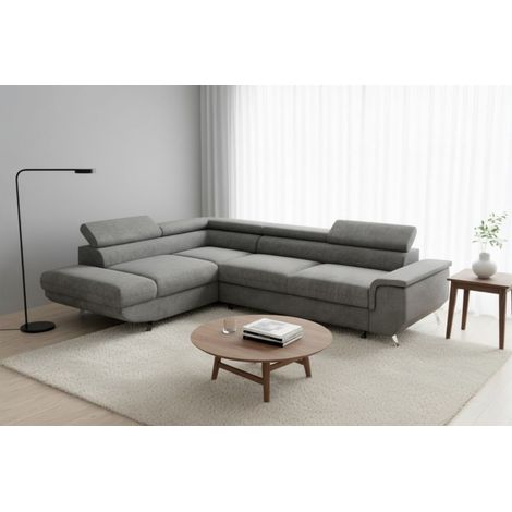 Ecksofa mit Schlaffunktion PLATO Sofa in Stoff Onega Dunkelgrau Ottomane Links