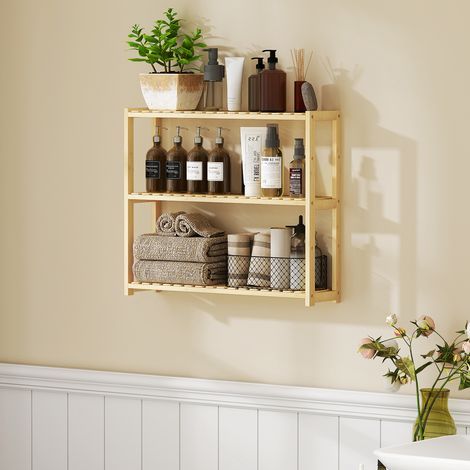 3-stufiges Badezimmerregal mit 5 verstellbaren Positionen, aus Bambus, 60 x 15 x 50 cm, Holzfarbe (1/5)