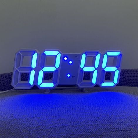 Luce blu e bianca, orologio digitale da parete a LED, luminosità regolabile, grande indicatore di temperatura, orologio 3D per soggiorno, orologio digitale transfrontaliero (1/4)