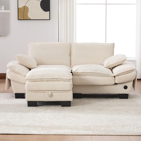 Canapé 2 places velours côtelé, repose-pieds inclus,mousse haute densité,port USB-C et poches latérales,beige (1/5)