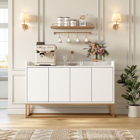 Buffet avec Placard 4 Portes-étagères réglables-Buffet Bas-Pieds en métal doré-Buffet Moderne-120x30x80 cm-Blanc-pour Salon,Cuisine