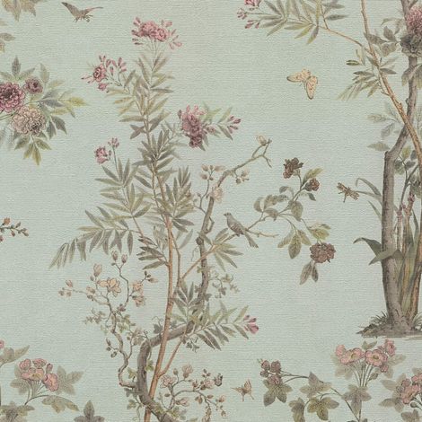Carta da parati floreale Profhome 790435 Carta da parati TNT goffrata a caldo leggermente strutturata con ornamenti floreali scintillante turchese verde-oliva marrone violetto-pastello 5,33 m2