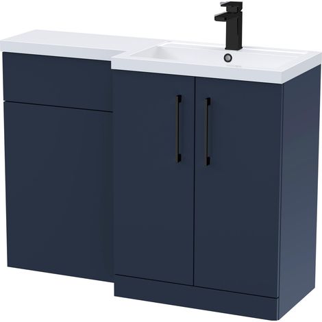 Balterley Right-Hand Bathroom Vanity and WC Unit Combination with Basin - 1100mm - Satin Dark Blue with Black Handles (1/5)