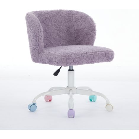 Chaise de bureau girly en fausse fourrure de lapin avec roulettes colorées silencieuses, réglable et pivotante, violet (1/5)