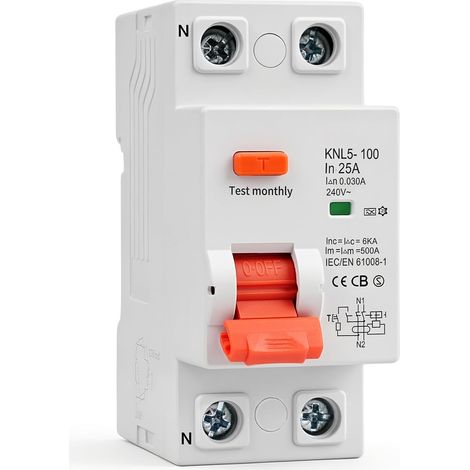 Disjoncteur Différentiel 30mA Interrupteur Differentiel 25A type A 2P 6KA Protection contre les fuites électriques,Indicateur de défaut à trois couleurs,Montage sur rail DIN de 35 mm,aux Résidences (1/5)