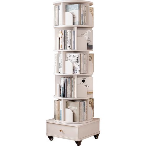 Bibliothèque pivotante 360° blanche avec roulettes et tiroir, rangement compact en MDF pour petits espaces (1/5)