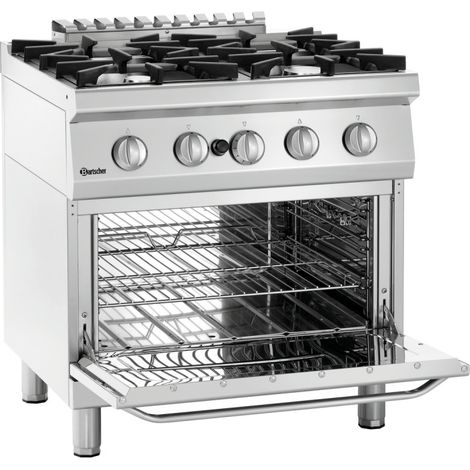 Fourneau inox à gaz 4 feux, sur four gaz 3 x GN 2/1, 36 900 W, 400 V, GAZ