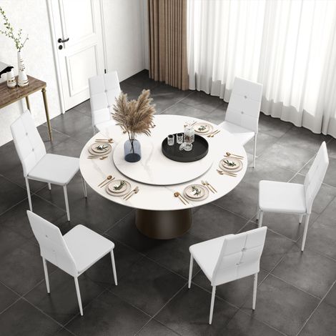 Lot de 6 chaises blanc de salle à manger rembourrées en PU, dossier haut avec boutons et pieds en acier, design moderne