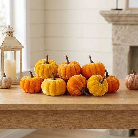 Set Of 12 Orange Velvet Pumpkins (1/2)