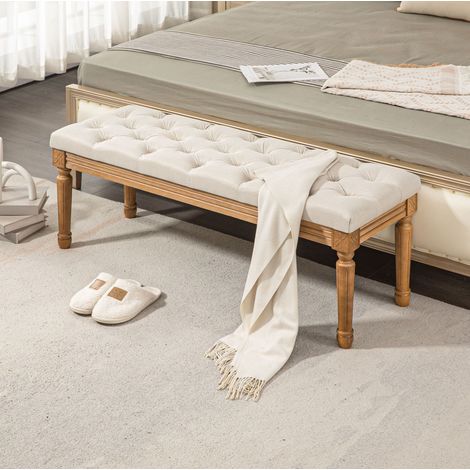 Banc de bout de lit capitonné effet lin avec pieds en bois, 120 x 41 x 48 cm, crème (1/5)