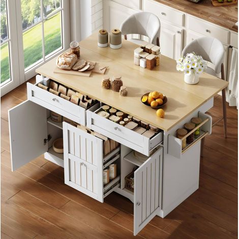 Îlot de cuisine 120x70x92 cm en MDF blanc et bois naturel, pliable, pour cuisine FloraGrace (1/5)