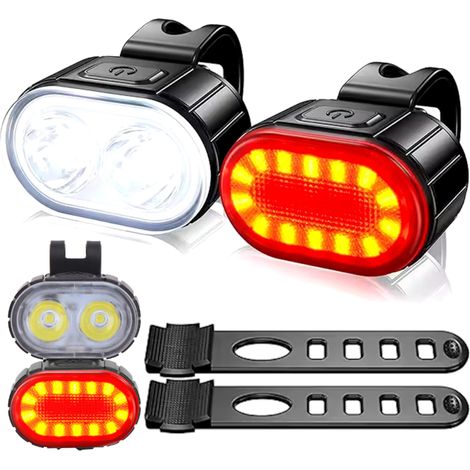 Mini luces LED para bicicleta delanteras y traseras, blancas y rojas, con conexión USB y gomas elásticas. (1/5)
