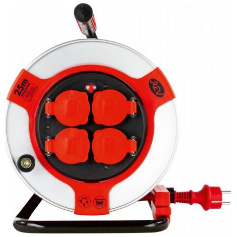 Enrouleur de câble 25m acier IP44 4-sorties acier rouge H07RN-F 3G1,5 (1/5)