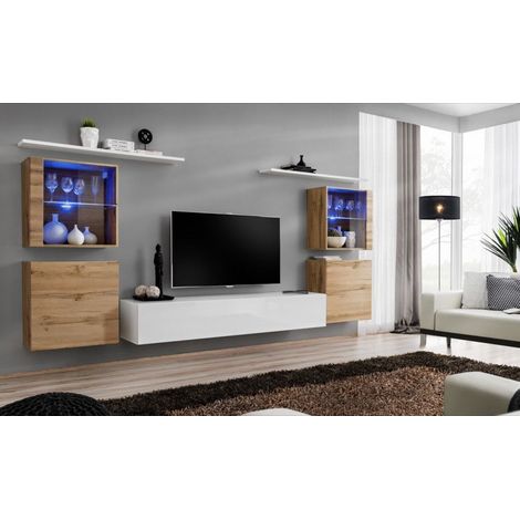 Ensemble mural - Switch XIV - 4 vitrines - 1 banc TV - 2 étagères - Bois et blanc - Modèle 1 - Livraison gratuite