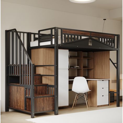 MEUBLIV Letto a soppalco 90x200 cm nero – scala con contenitore, senza materasso (1/5)