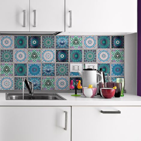 Sticker Mural Carrelage adhésif Cuisine Salle de Bain - 24 STICKERS CARREAUX DE CIMENT BOHÈME AMEYAL - 24stickers10x10cm (1/5)