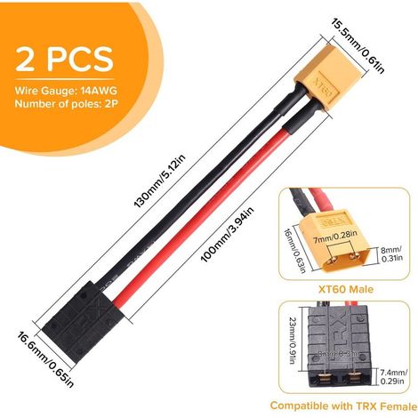 2-teiliger kompatibler Traxxas-zu-XT60-Adapter, XT60-Stecker auf TRX-Buchse, mit 10 cm 14AWG Silikonkabel, für RC-LiPo-Akkus (1/4)
