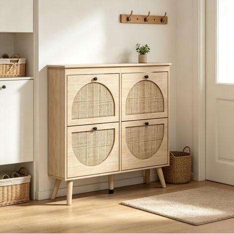 Scarpiera da ingresso, 105x24x97,5 cm, 4 ante a ribalta, capacità 20 paia, rattan naturale (1/5)