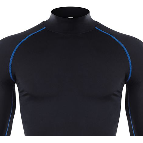 Haut de sport à manches longues pour homme, à compression haute élasticité, adapté au sport et au fitness, rayures noires et bleues, taille M. (1/5)