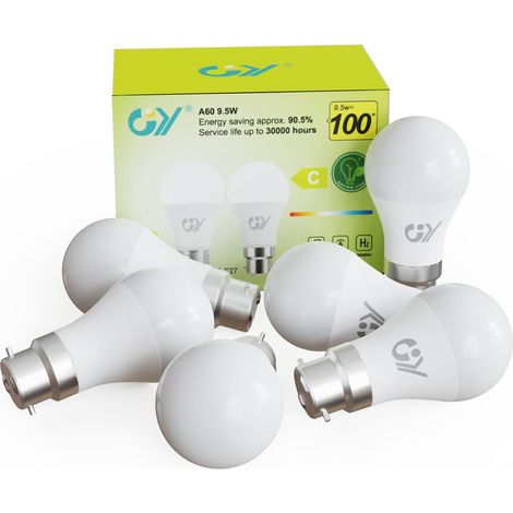 GY Ampoule LED B22 Classe C 9.5W (Équivalent 100W) ,1521 Lumens 6500K Blanc Froid , A60 Ampoules Culot B22 Baïonnette LED, Économie d'Énergie,Angle 280°, Non-Dimmable,Lot de 6 (1/5)