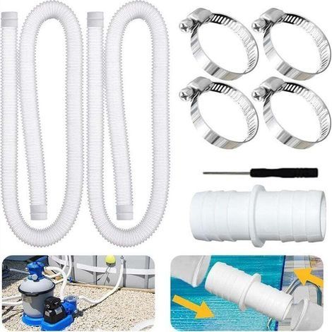 Paquet de 2 Tuyau piscine,Tuyau piscine 32mm, avec 4 clips métalliques, un tournevis et un connecteur,Tuyau pompe piscine applicable à Piscines hors sol,Spa,Pompe à Filtre(Blanc) (1/4)