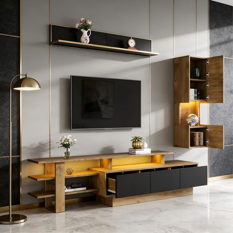 Mueble TV con vitrina y estante LED MDF 3 piezas OKMYHOME (1/5)