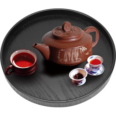 Schwarzes, rundes Teetablett aus Holz, 24 cm, ideal für Teestuben und Cafés (1/5)