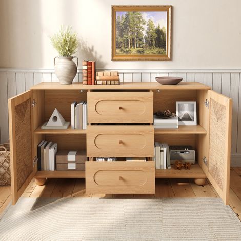 Buffet en rotin tressé, commode 2 portes 3 tiroirs, meuble d'entrée en panneaux de particules et MDF, étagère à pieds boule en pin, rangement pour salle à manger et séjour. (1/5)