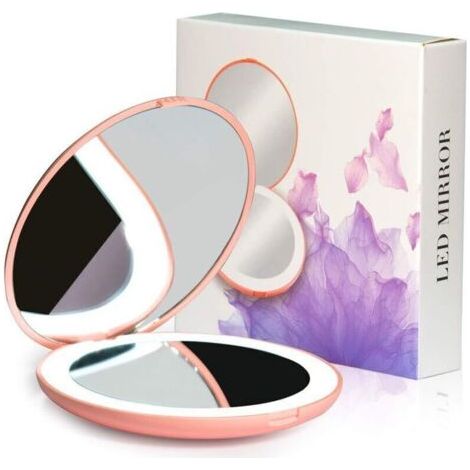 Miroir compact à LED, miroir de voyage lumineux, grossissement x10, portable, double face, miroir de maquillage portable pour poche, sac à main, cadeau, rose, rond de 8,9 cm (1/4)