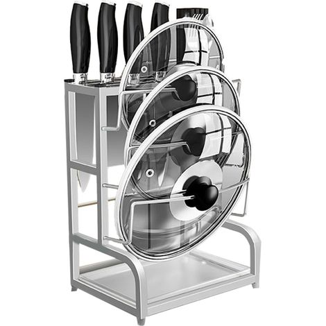 2-in-1 Deckelhalter und Messerblock aus Edelstahl 304, multifunktionaler Küchenorganizer mit 3 Messerschlitzen und 1 Essstäbchenhalter (1/5)