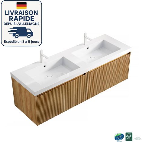 Mueble de lavabo doble - Montaje a pared - 140CM - 2 lavabos rectangulares de resina blanca - 2 cajones y 2 estantes abiertos - Premontado - Veta de madera natural (1/5)