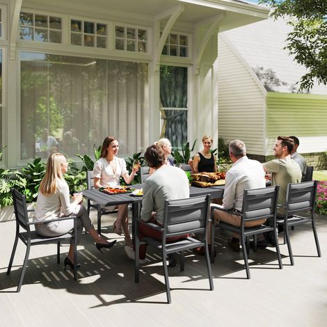 Table de jardin extensible aluminium 135-270 cm + 8 chaises grises empilables, salon 6/10 personnes, textilène