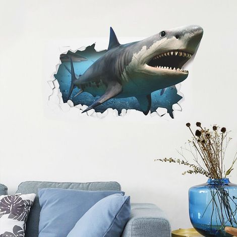 Sticker mural 3D Poisson Requin Aquarium Grotte Fissurée, Taille M (1/5)