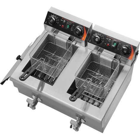 Friteuse électrique double cuve 3000W, 2x11L acier inoxydable, avec paniers et filtration d'huile, contrôle temps/température, pour cuisine et restaurant. (1/5)
