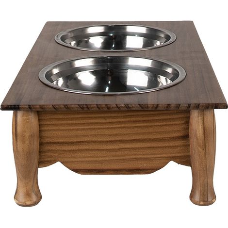 Gamelle Double pour Chien et Chat Écuelle en Bois et Métal Marron Style Campagne 2 x 500 ml - PANGIVO (1/2)